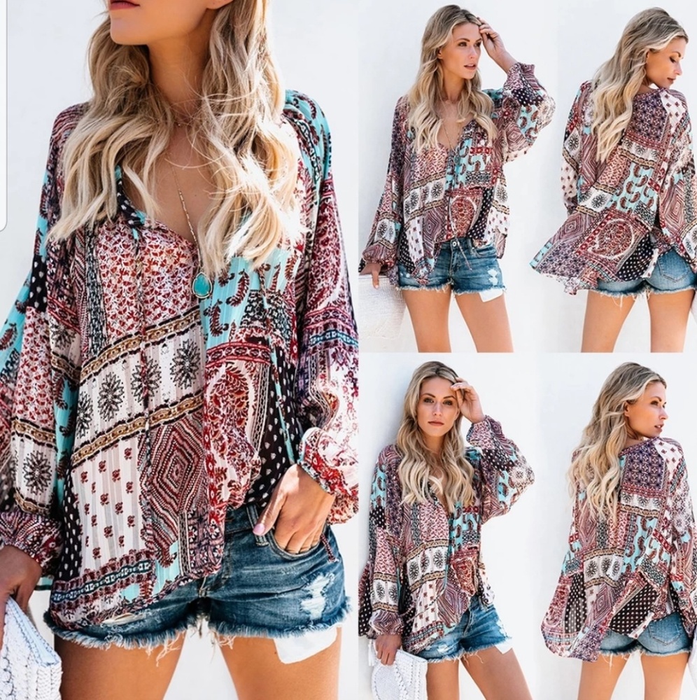 Boho Loose Fitting Semi Sheer Blouse Top Festival - Picture 3 of 5